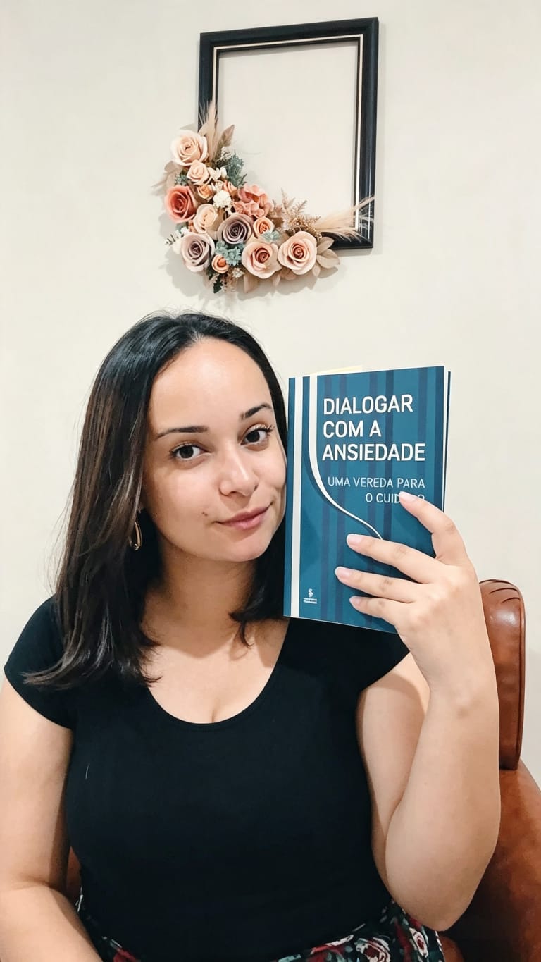 Joice com livro sobre Ansiedade